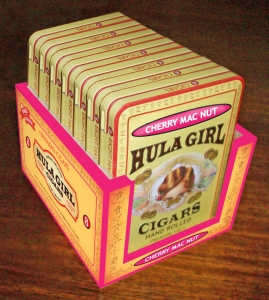 Box of 7 tin Hula Girl Cherry Mac Nut Small Cigars