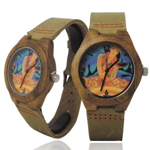 Handmade Kahala Wooden Watch Made with Natural Acacia Koa Wood Cow Hide Band with Hawaiian Artwork - HGW203