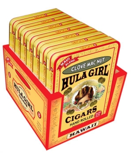 Hula Girl Clove Mac Nut Flavored Small Cigar Box of 7 Tins With 8 Mini Cigars