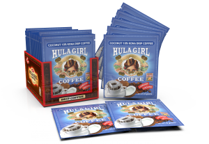 Hula Girl Coconut 10% Kona Drip Coffee Pack of 50 Sachets Hula Girl Coconut 10% Kona Drip Coffee Pack of 50 Sachets